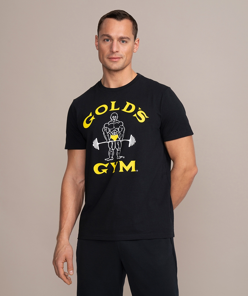 schwarzes Sport-T-Shirt von Gold's Gym Kurzarm mit weißem 'Classic Joe'-Logo und gelbem Schriftzug auf der Brust