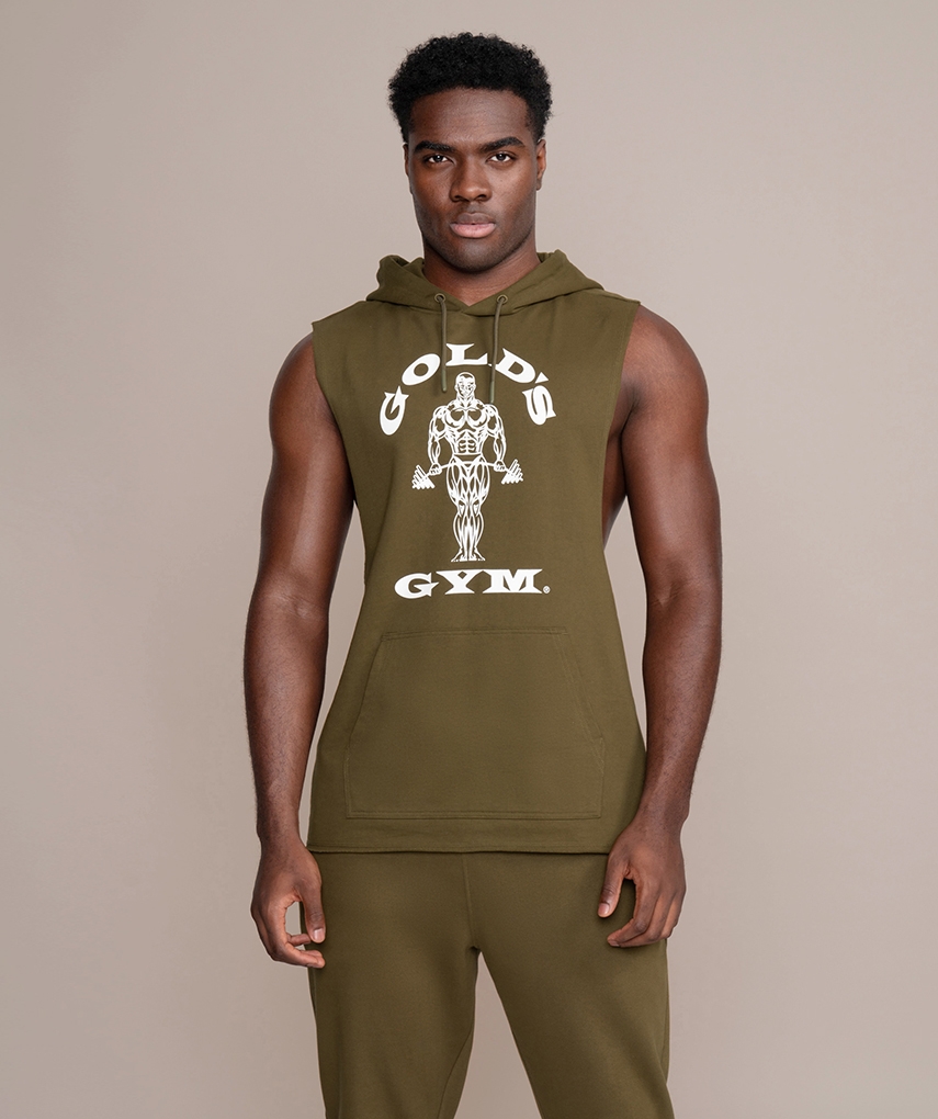 Olives sleeveless hoodie from Gold's Gym. Olives tank with hood and cords, sleeveless, with white Gold's Gym Muscle Joe logo and fanny pack on the front.