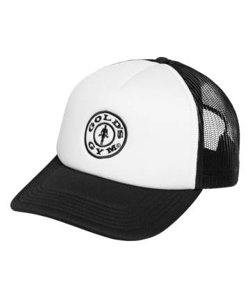 Gold’s Gym Weight Plate Trucker Cap with gray mesh material and a black Gold’s Gym Weight Plate Logo on a white background on the front." Gold’s Gym Weight Plate Trucker Cap with gray mesh material and a black Gold’s Gym Weight Plate Logo on a white background on the front."