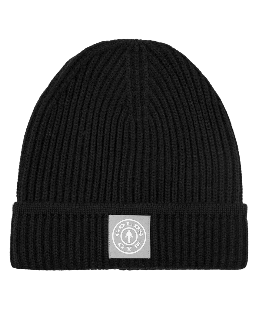 Gold’s Gym Lifestyle Beanie in the colors Black, Olive Green, Sky Blue, and Cream with Gold’s Gym Weight Plate Logo on the front.