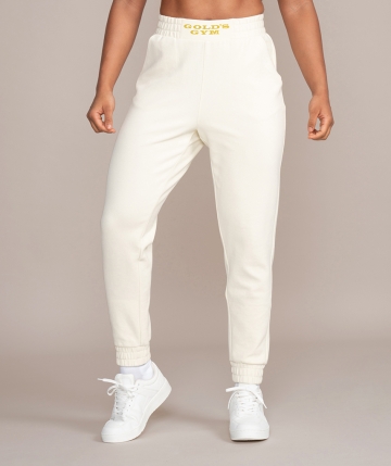 White women's sweatpants from Gold's Gym. Tight-fitting long women's trousers with elasticated ribbed cuffs, front welt pockets and... White women's sweatpants from Gold's Gym. Tight-fitting long women's trousers with elasticated ribbed cuffs, front welt pockets and Gold's Gym lettering on the waistband.