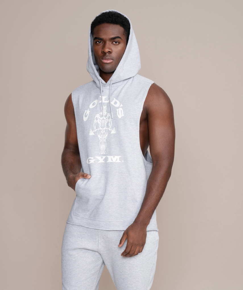 Grey sleeveless hoodie from Gold's Gym. Grey tank with hood and cords, sleeveless, with white Gold's Gym Muscle Joe logo and fanny pack on the front.