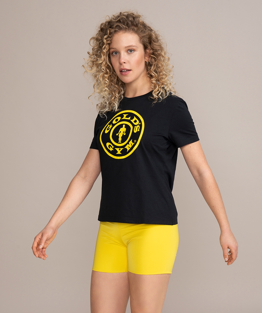 Black women's T-shirt with a yellow Gold's Gym Weight Plate logo on the chest