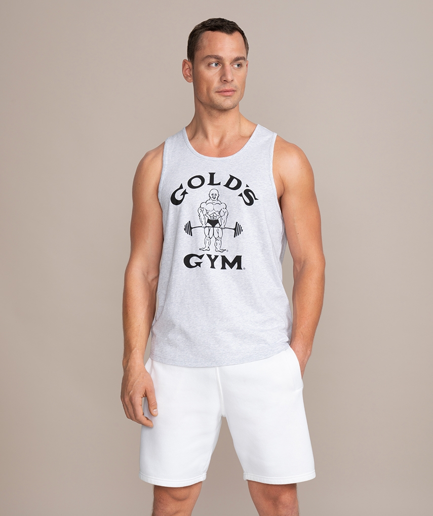 Men's grey tank top with black Gold's Gym ClassicJoe logo on the front. Sleeveless top