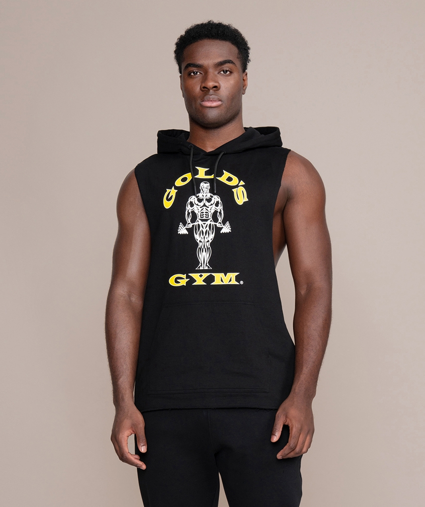 Black sleeveless hoodie from Gold's Gym. Black tank with hood and cords, sleeveless, with white Gold's Gym Muscle Joe logo and fanny pack on the front.