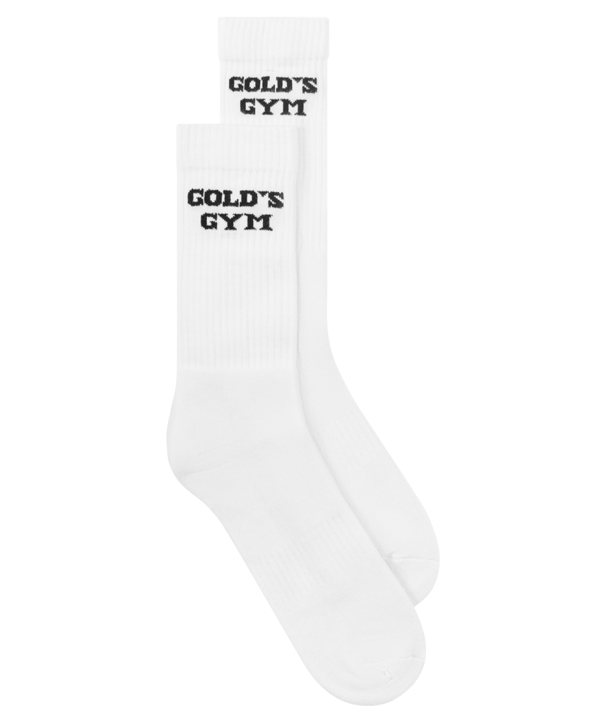Weiße Trainings Socken von Gold’s Gym. Weiße Tennis Socken mit schwarzem Gold‘s Gym Schriftzug oben an der Seite. 