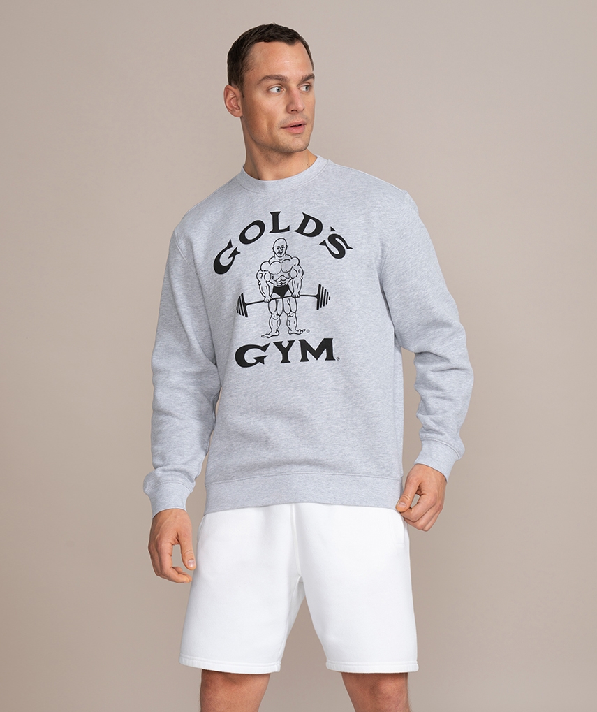 Grey sweatshirt with black Gold's Gym Classic Joe logo on front