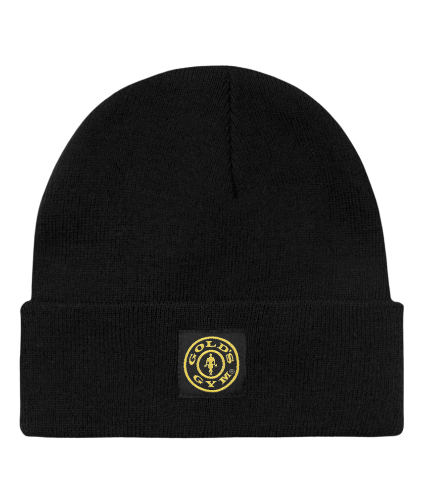 Gold’s Gym Weight Plate Beanie in black and white with Gold’s Gym Weight Plate Logo on the front.