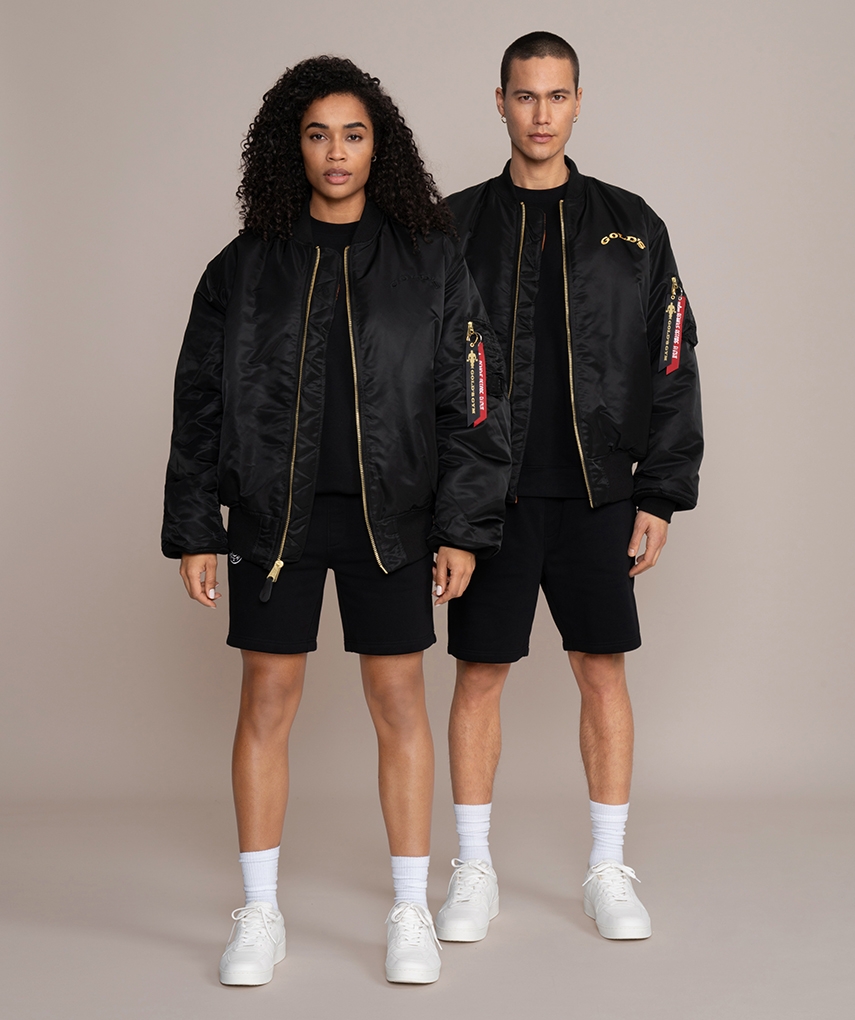 Alpha Industries x Gold's Gym Apparel - Limited Edition MA-1 Bomber Jacket in Black with Gold Accents.