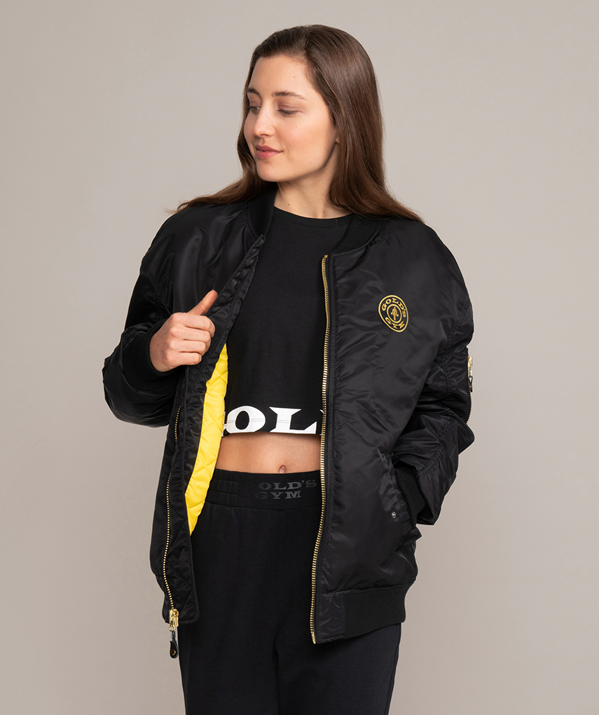Oversized bomber jacket with Gold's Gym logo in black or green