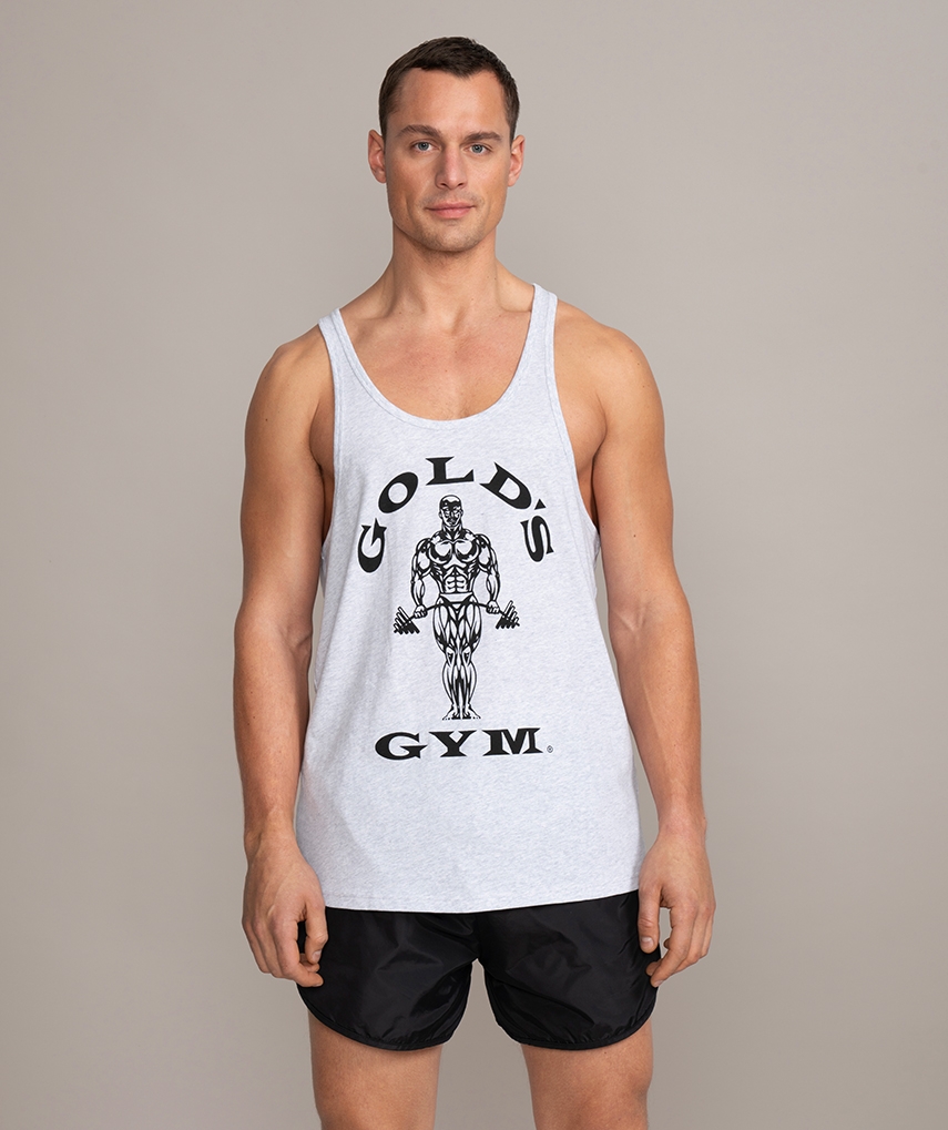 Grey men's stringer tank top with black Gold's Gym Muscle Joe logo on the front. Sleeveless top. 