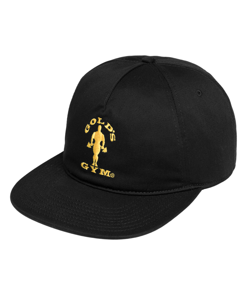 Gold’s Gym Snapback Cap available in Olive Green and Black with the iconic Muscle Joe Logo on the front and an adjustable closure at the back.