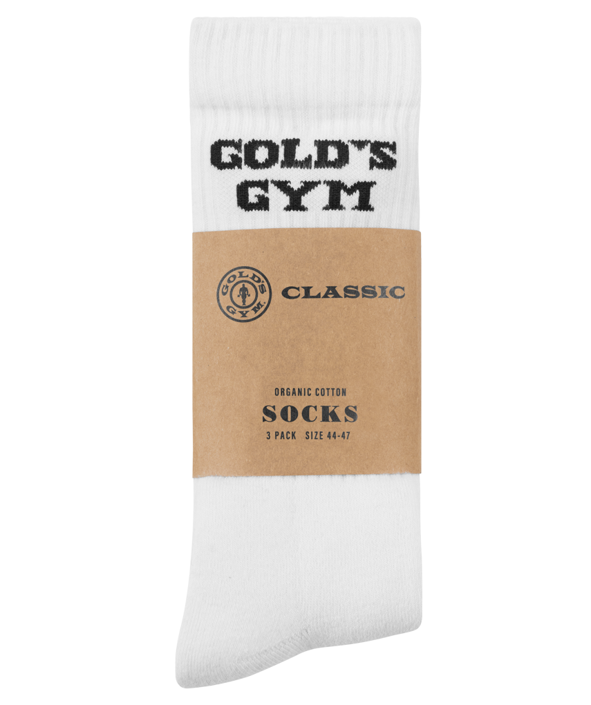 Weiße Trainings Socken von Gold’s Gym als 3er-Pack. Weiße Tennis Socken mit schwarzem Gold‘s Gym Schriftzug oben an der Seite. 