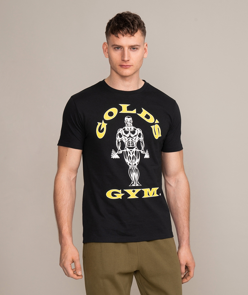 Schwarzes Gold’s Gym T-Shirt mit dem Classic Joe Logo und gelbem Gold’s Gym Schriftdruck. Mit kurzen Ärmeln und Regular Fit für ein komfortables Tragekomfort. 