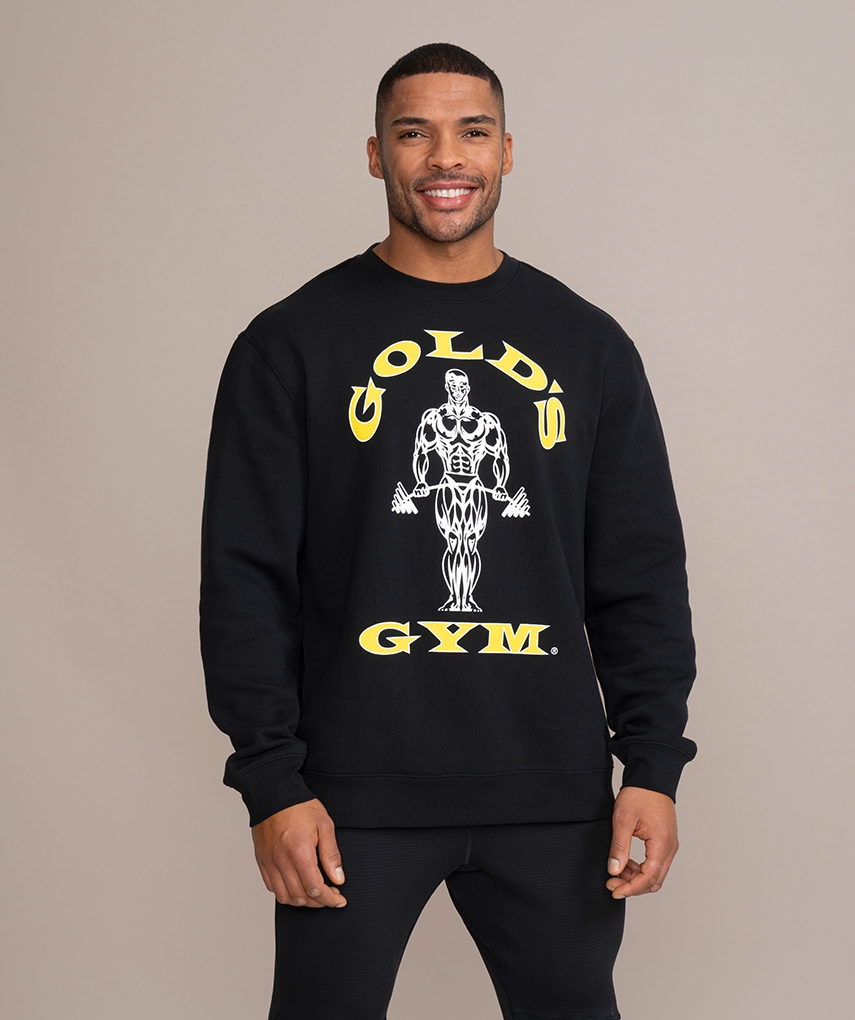 Black sweatshirt with white Gold's Gym Muscle Joe logo on the front