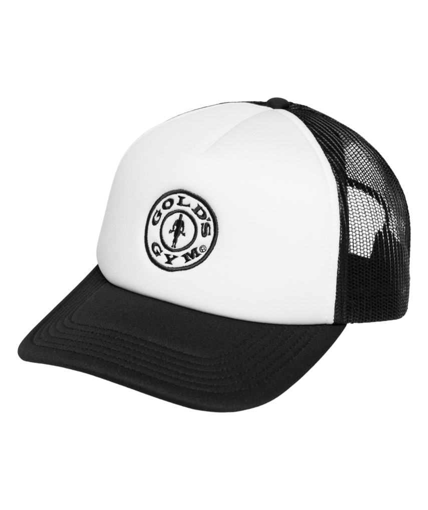 Gold’s Gym Weight Plate Trucker Cap with gray mesh material and a black Gold’s Gym Weight Plate Logo on a white background on the front."