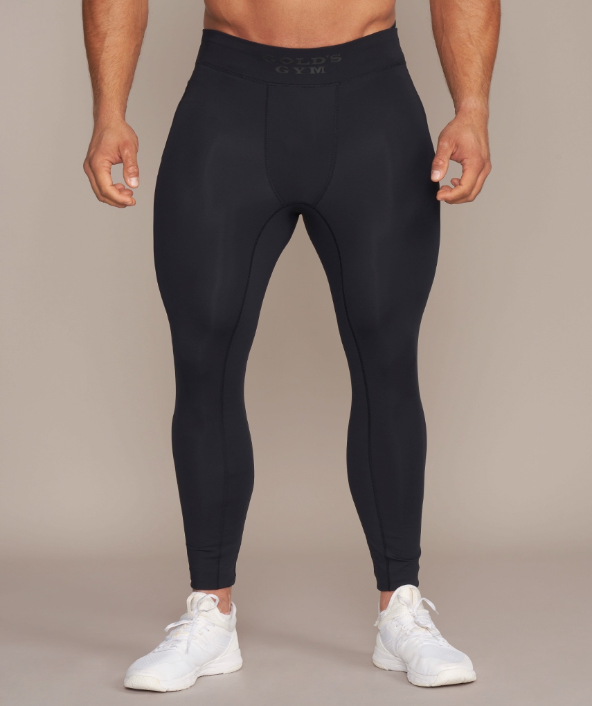 Gold's Gym Apparel - Men's Running Tights "Ken" with 3D Logobadge, regenerated Nylon ECONYL®, and Gold's Gym lettering - High-performance running wear for men.