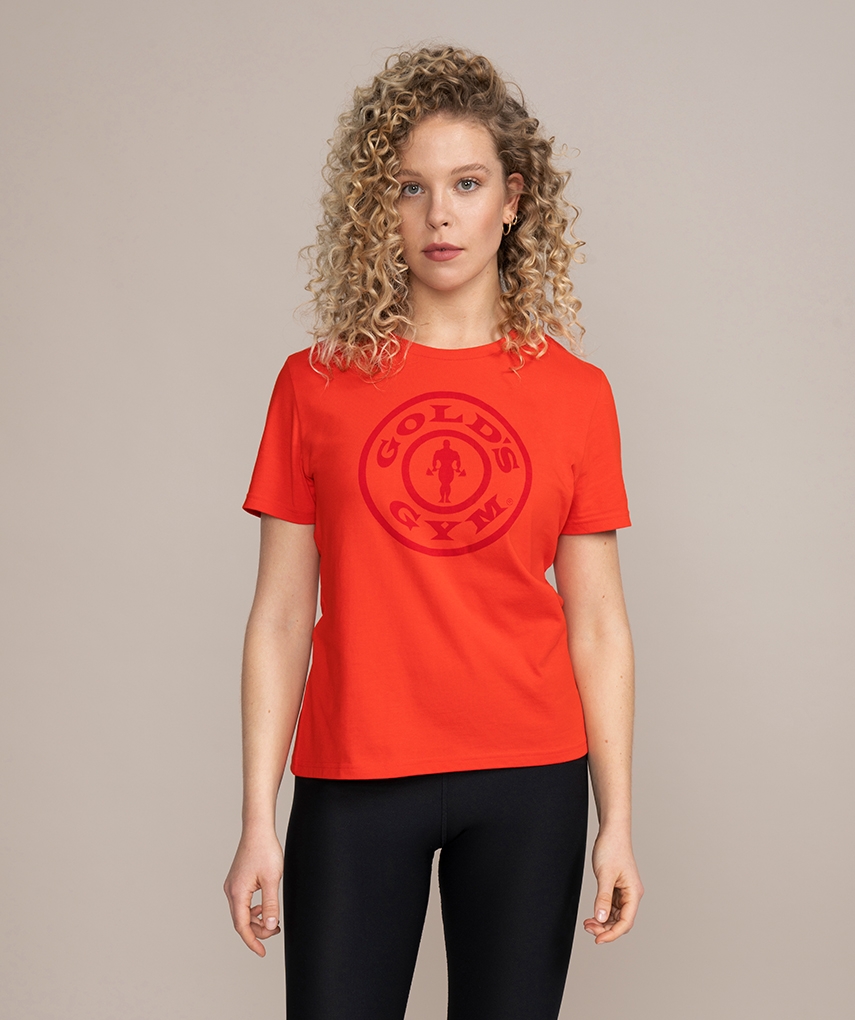 Red Women's T-Shirt with a Red Gold's Gym Weight Plate Logo on the Chest
