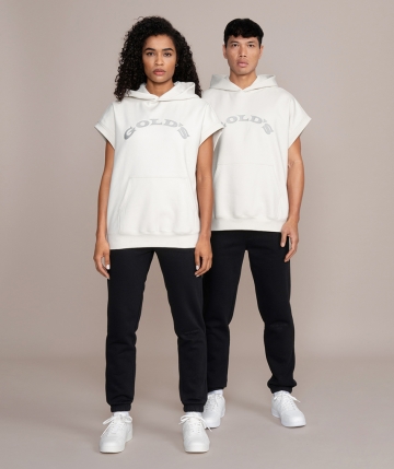 Grey unisex sleeveless hoodie from Gold's Gym. Sleeveless top with hood, front pocket and high-quality logo print on the front.  Grey unisex sleeveless hoodie from Gold's Gym. Sleeveless top with hood, front pocket and high-quality logo print on the front.