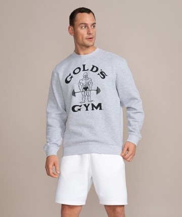 Grey sweatshirt with black Gold's Gym Classic Joe logo on front Grey sweatshirt with black Gold's Gym Classic Joe logo on front